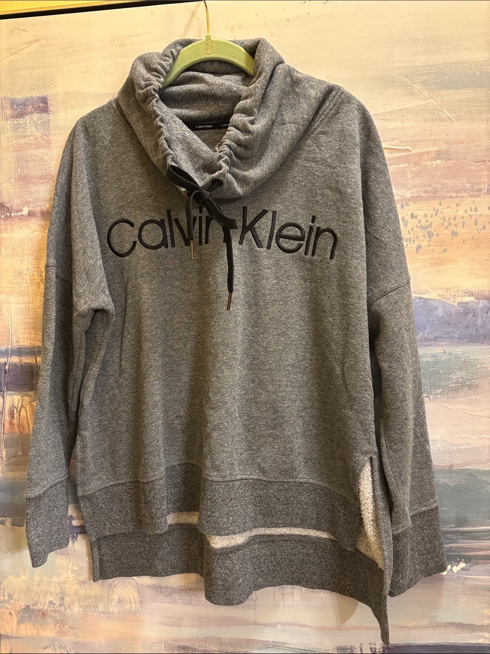 Calvin Klein Gray Drawcord Funnel Neck Logo Sweater